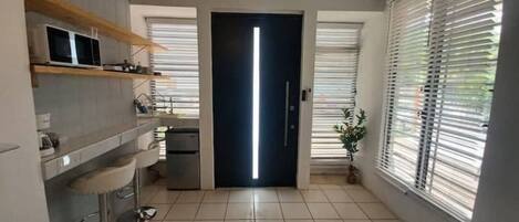 Fridge, microwave, coffee/tea maker, toaster