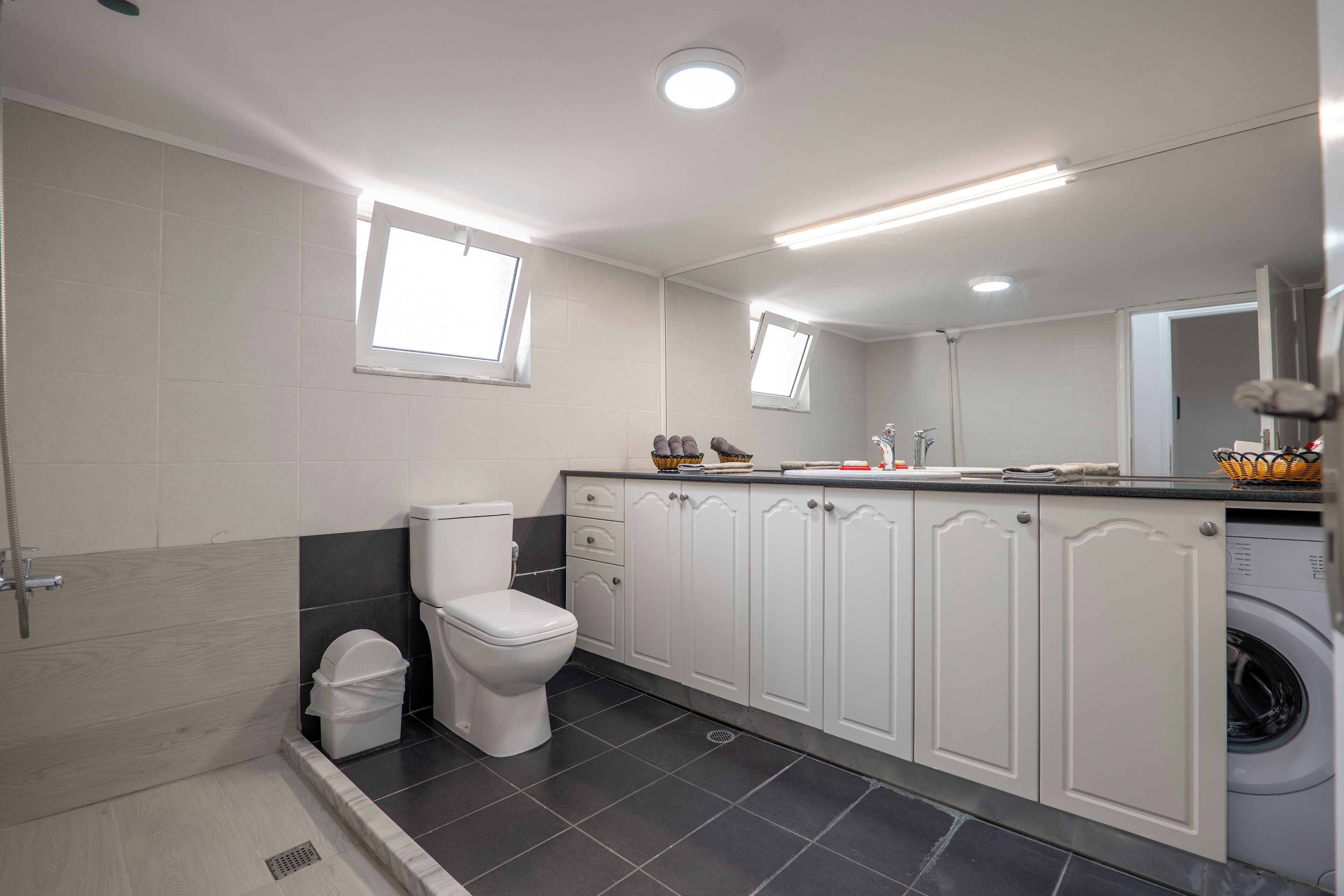 A modern bathroom with a toilet, shower, and washing machine.