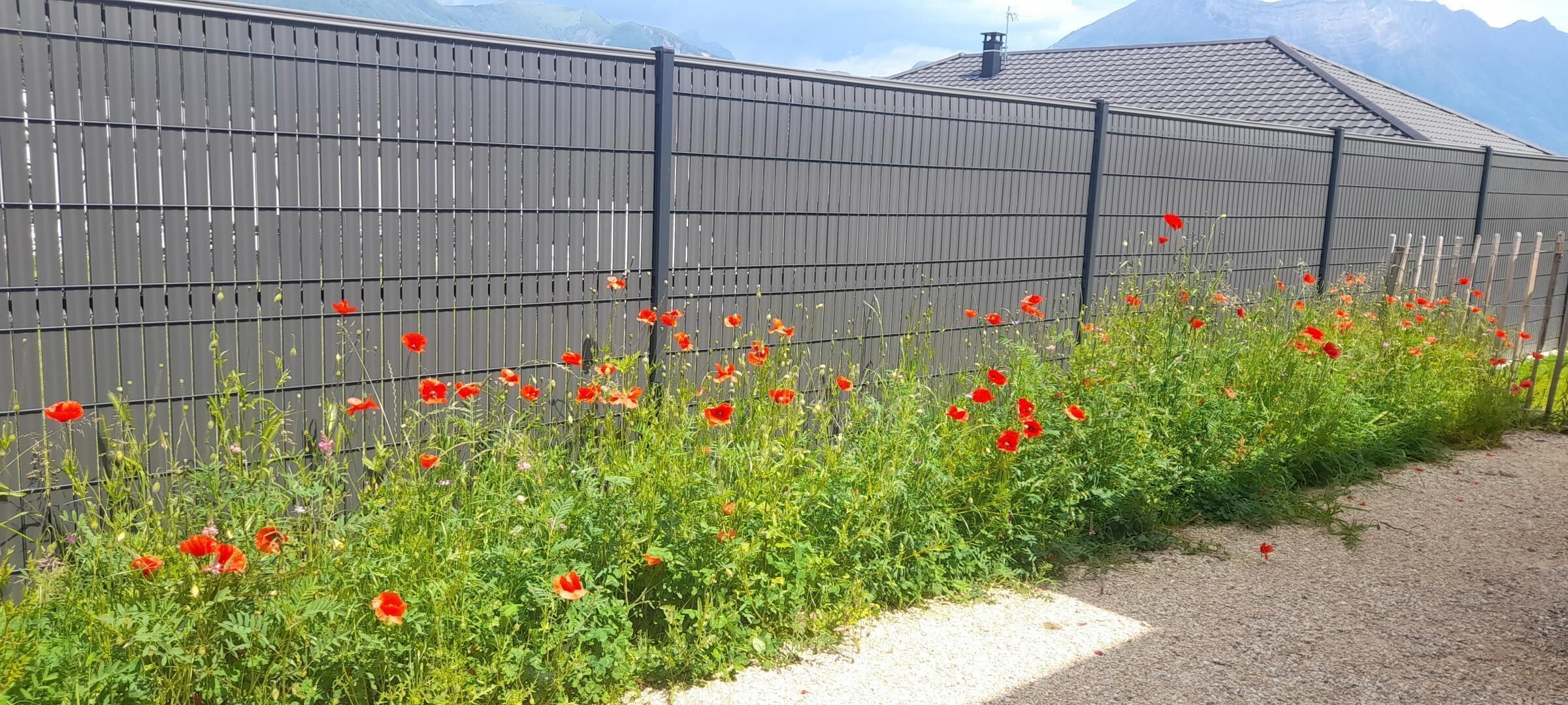 Ein Zaun mit Mohnblumen vor einem Gebäude mit grauem Dach.