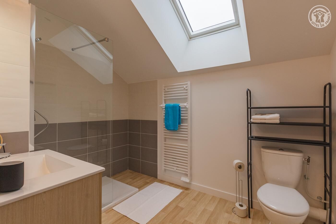 Een moderne badkamer met dakraam, douche, toilet en wastafel.