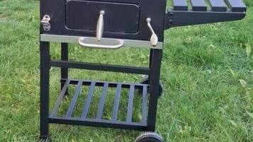 Een draagbare grill met een opklapbare tafel, op een gazon met bebossing op de achtergrond.