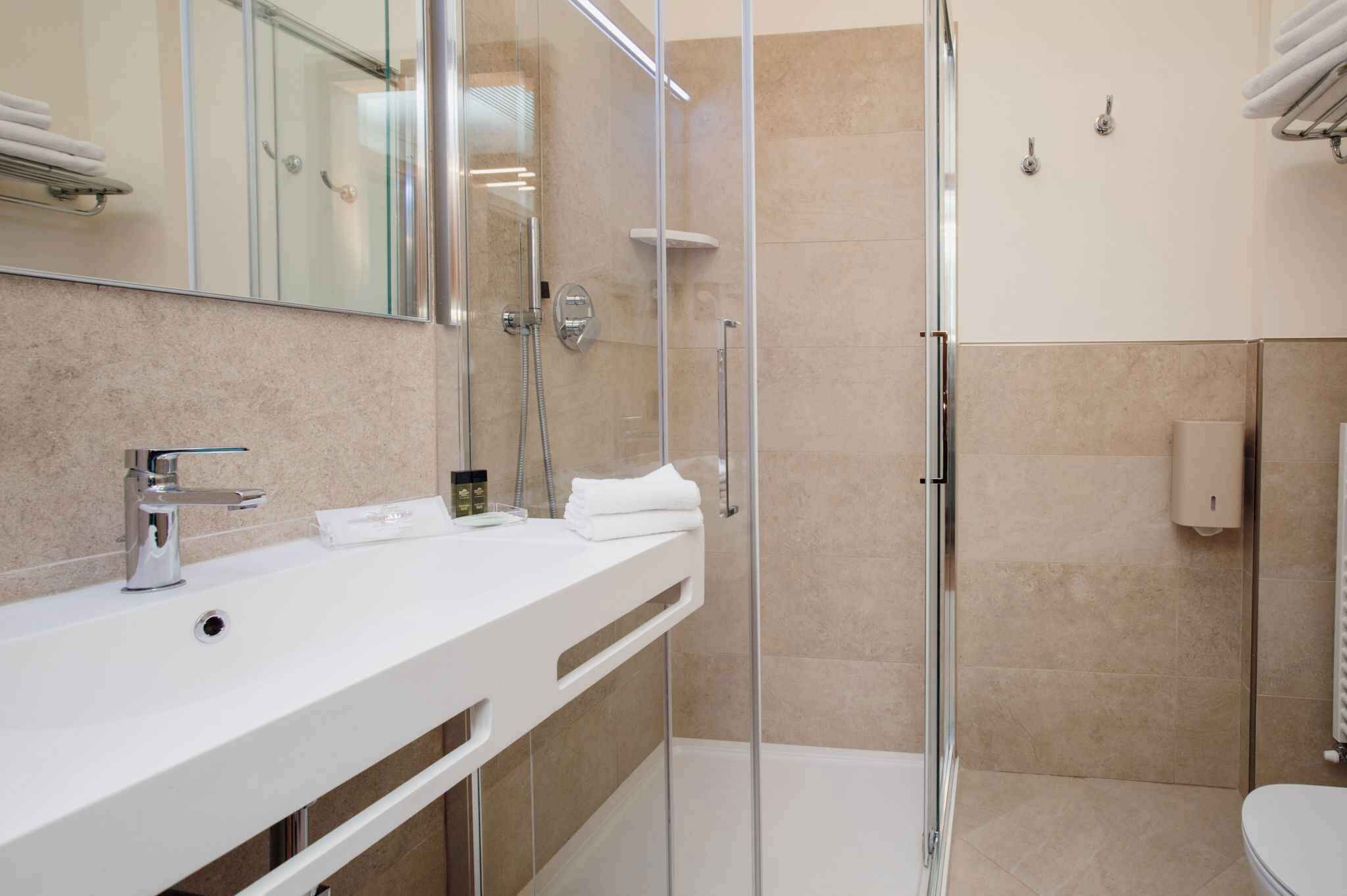 A modern bathroom with a glass-enclosed shower, a white sink, and a toilet.