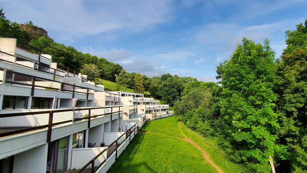 Una hilera de edificios modernos blancos con balcones, rodeados de exuberante vegetación y un cielo despejado.