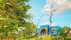 Un bâtiment bleu avec une porte et une fenêtre jaunes, entouré de verdure et de fleurs.