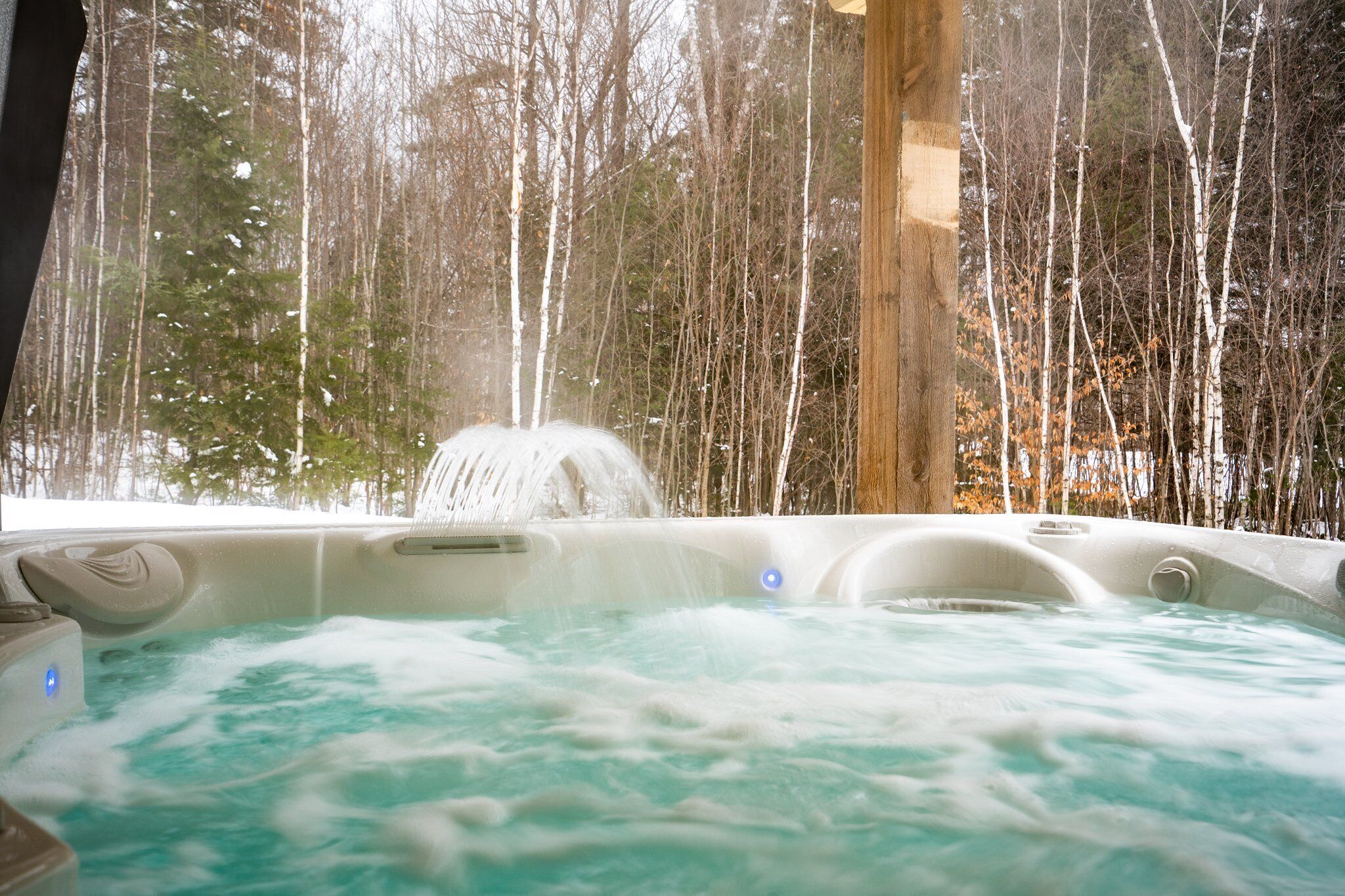 Un jacuzzi con caída de agua rodeado de árboles.