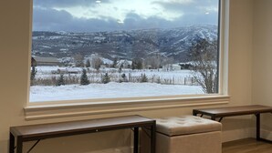 A room with a large window offering a snowy mountain view.
