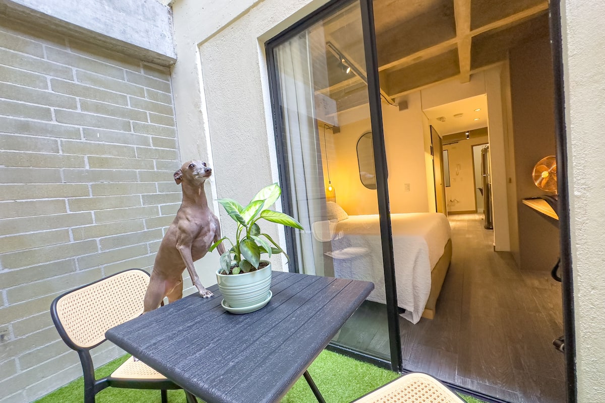 Une chambre d’hôtel avec une porte-fenêtre coulissante, une petite table sur laquelle est posée une plante en pot, et un chien qui se tient près de la porte.