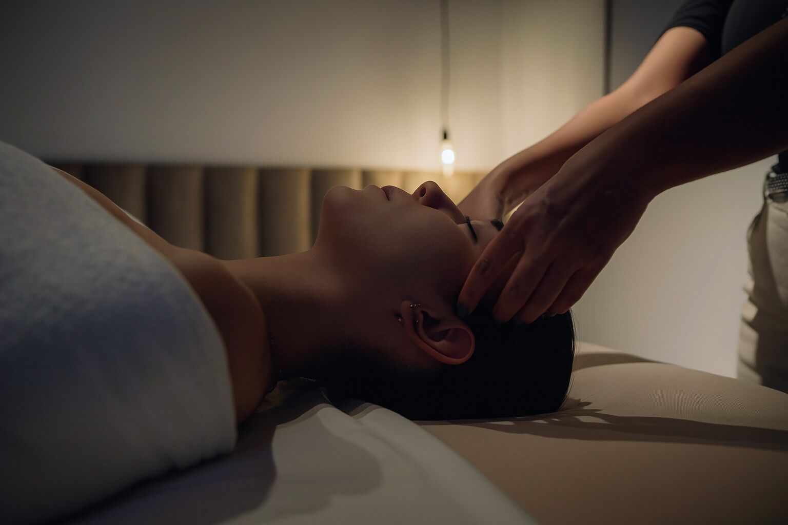 Een persoon ligt op een bed met een hoofdband, terwijl iemand anders voor hen zorgt, en een bedlamp staat op de achtergrond.
