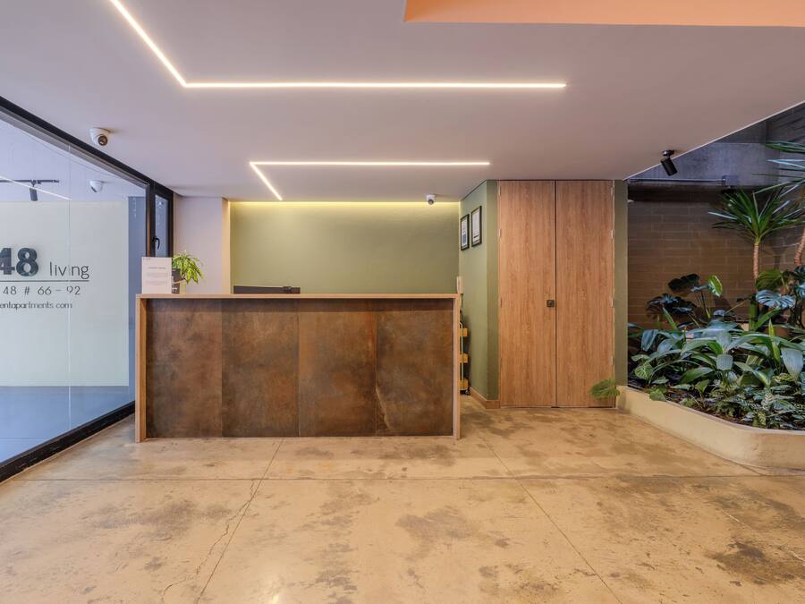 A reception area with a wooden reception desk, a green wall, and a potted plant.