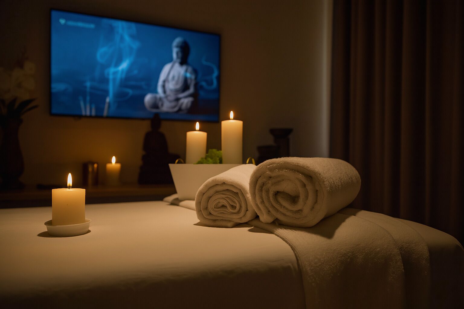 Une salle de spa équipée d’un lit, de bougies, d’un paravent pour la méditation et d’une serviette.