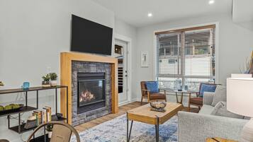 Télévision, cheminée, livres