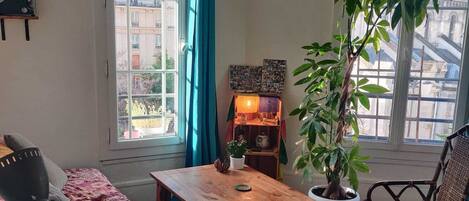 DVD player, books, video library