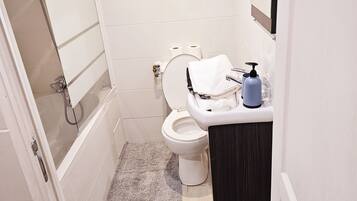 Sèche-cheveux, serviettes fournies, savon, shampoing