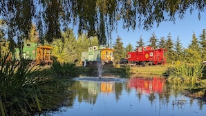 A pond with a fountain, surrounded by colorful buildings and trees.