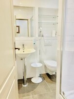 Un baño pequeño y moderno con lavamanos pedestal, inodoro y cabina de ducha de vidrio.