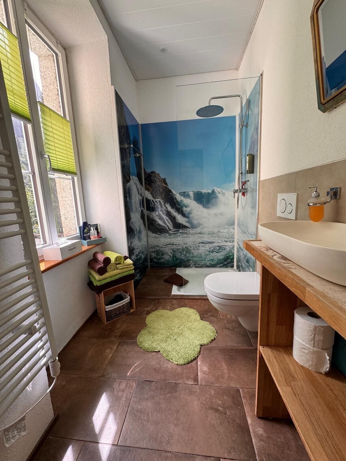 Shower, free toiletries, hair dryer, slippers