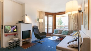 A modern living room with a fireplace, a flat-screen TV, a sofa, and a dining table.