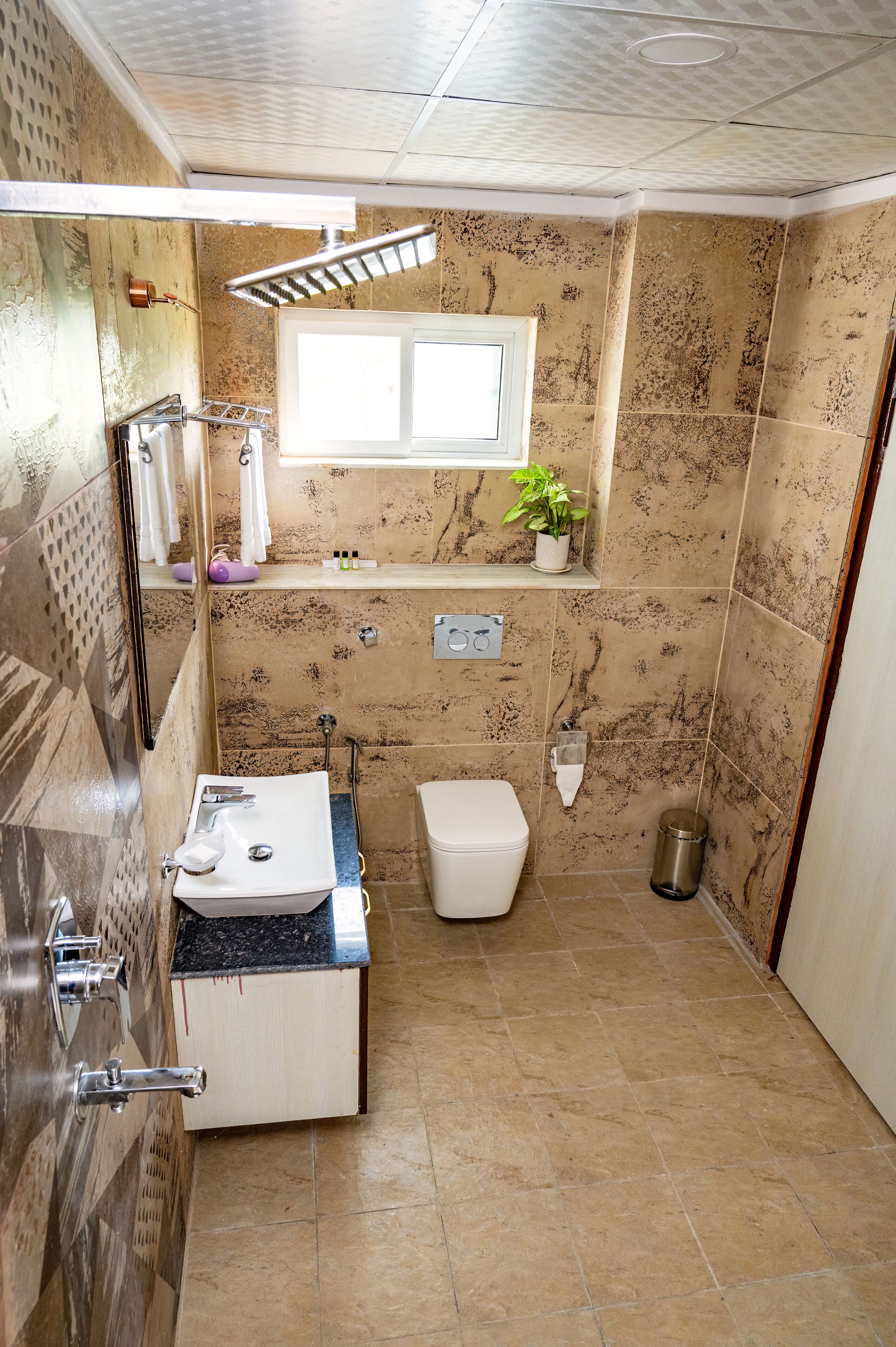 Une salle de bain avec une douche, des toilettes, un lavabo et une petite fenêtre agrémentée d’une plante.