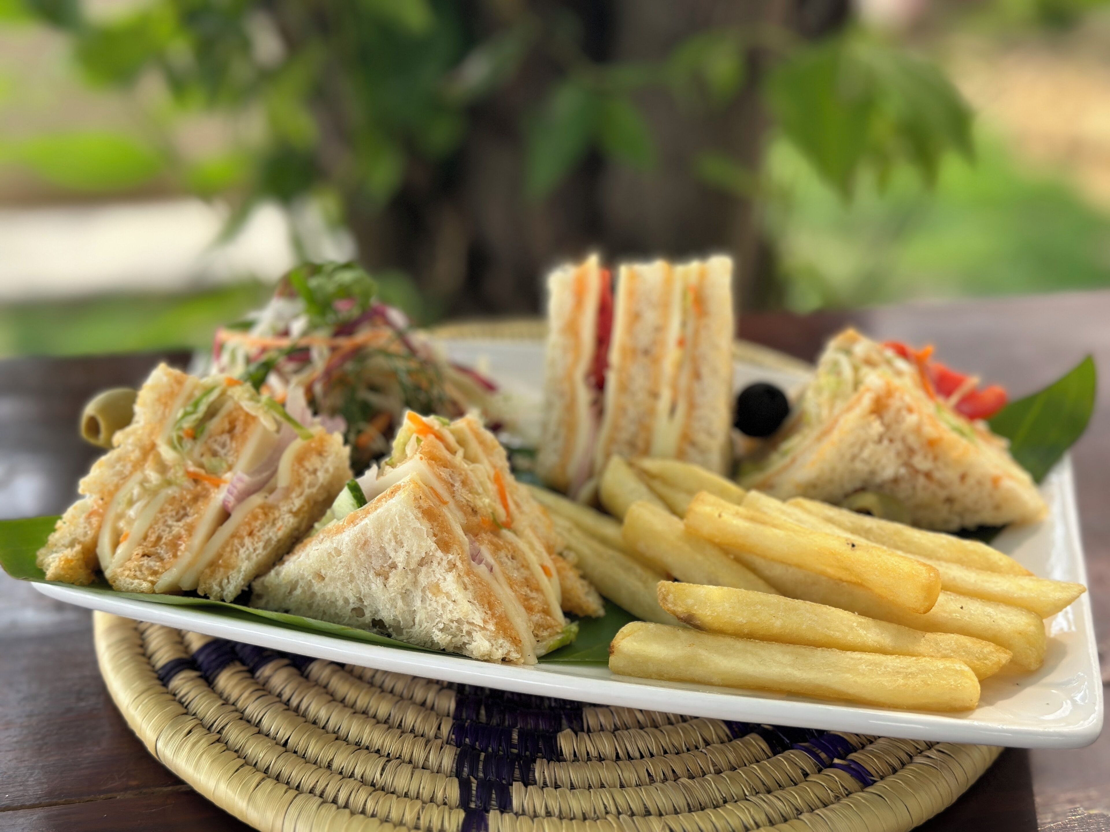 Een bord met sandwiches en frieten op een geweven onderzetter.
