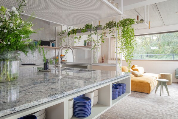 Fridge, microwave, espresso maker, coffee/tea maker