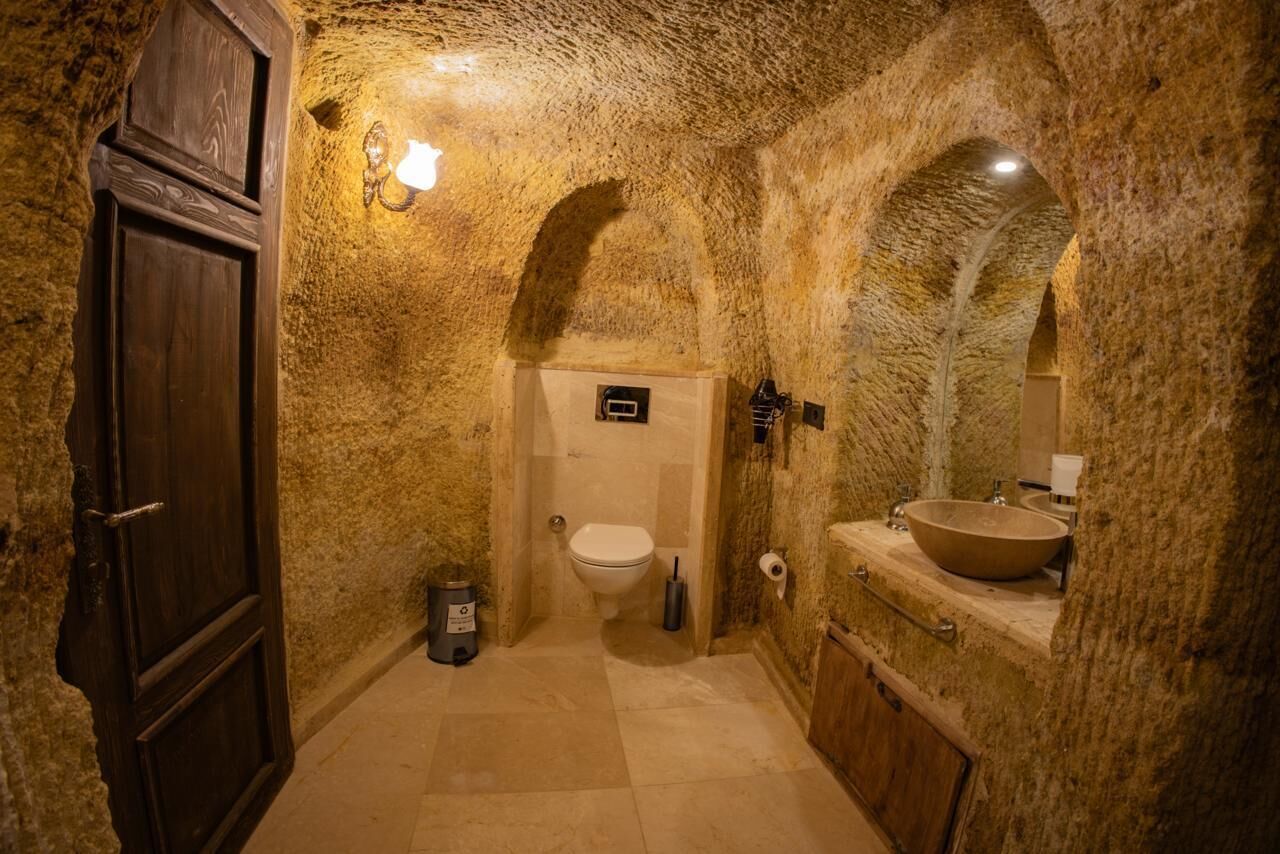A rustic bathroom with a stone wall, a wooden door, a toilet, and a sink with a large basin.