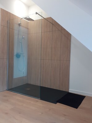 Dusche, Haartrockner, Handtücher, Toilettenpapier