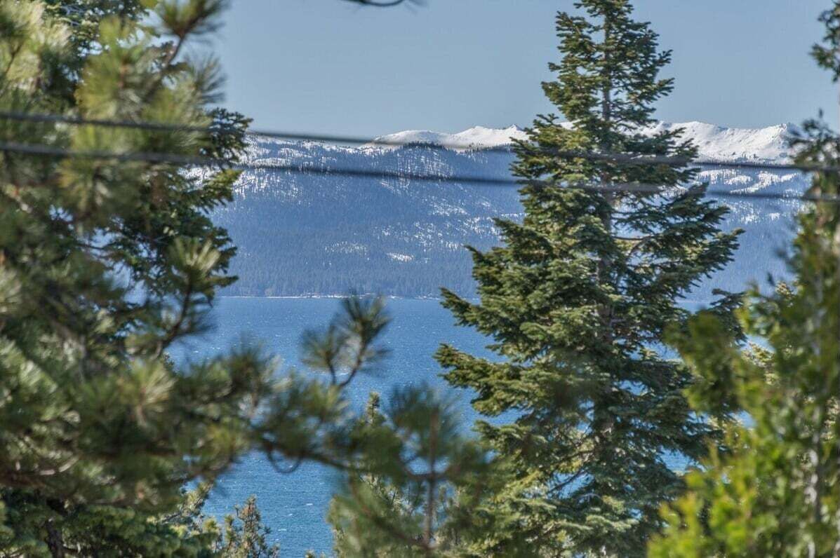A view of a lake with snow-capped mountains in the background and pine trees in the foreground.