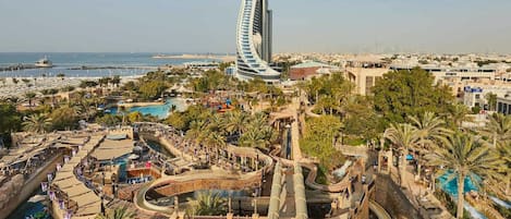 A resort with a large pool area, palm trees, and a distinctive building with a curved design.