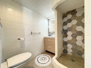 Douche, sèche-cheveux, serviettes fournies, savon