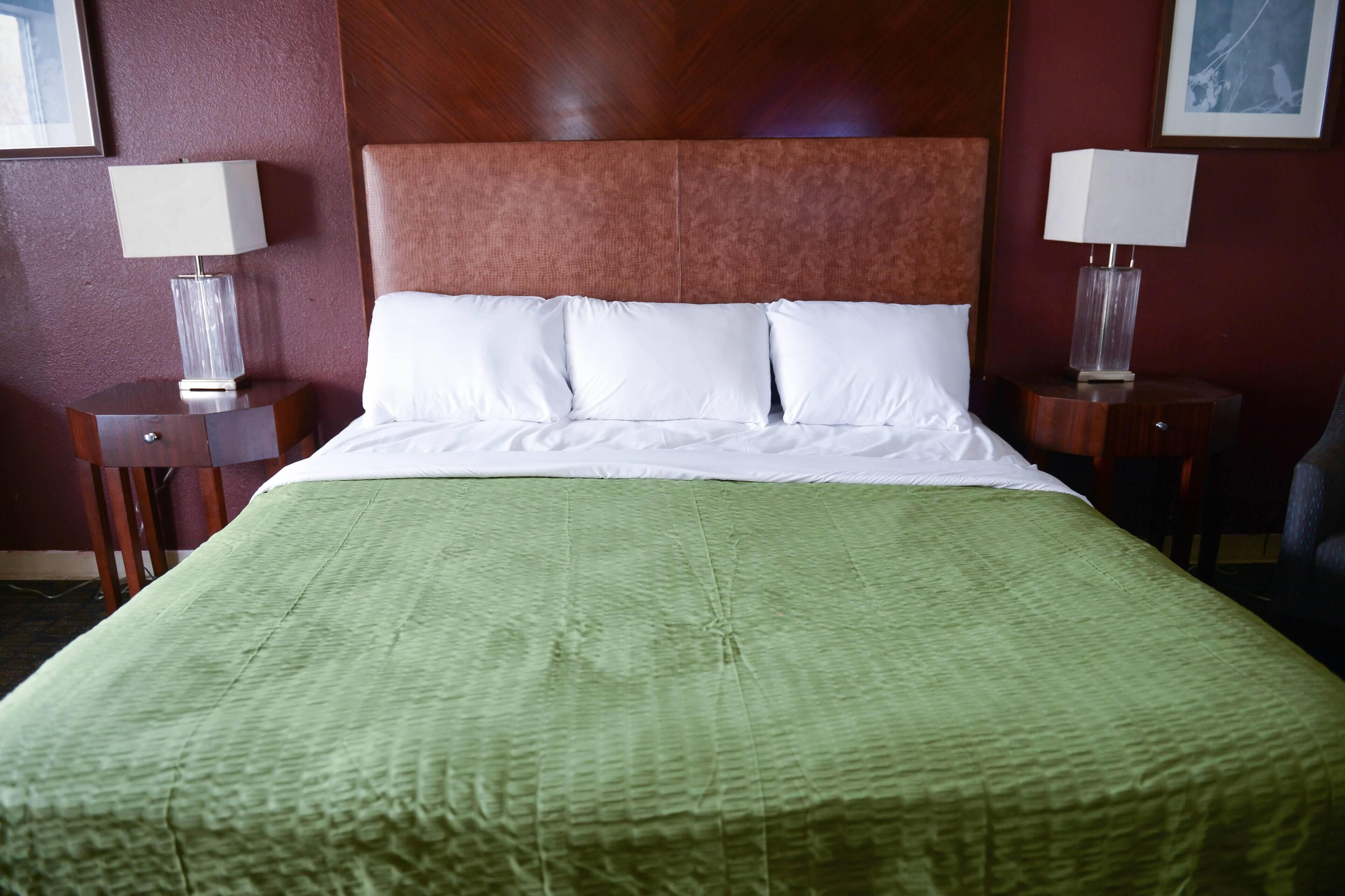 A hotel room with a large bed, green bedspread, wooden headboard, two bedside tables with lamps, and a framed picture on the wall.