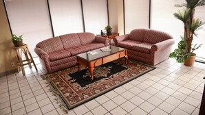 Una sala de estar con dos sofás estampados, una mesa de centro, una alfombra y una planta en maceta.