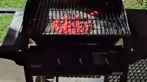 Una parrilla abierta con alimentos rojos cocinándose, un vehículo rojo al fondo y una zona con césped.
