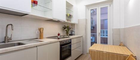 Fridge, stovetop, dishwasher, coffee/tea maker