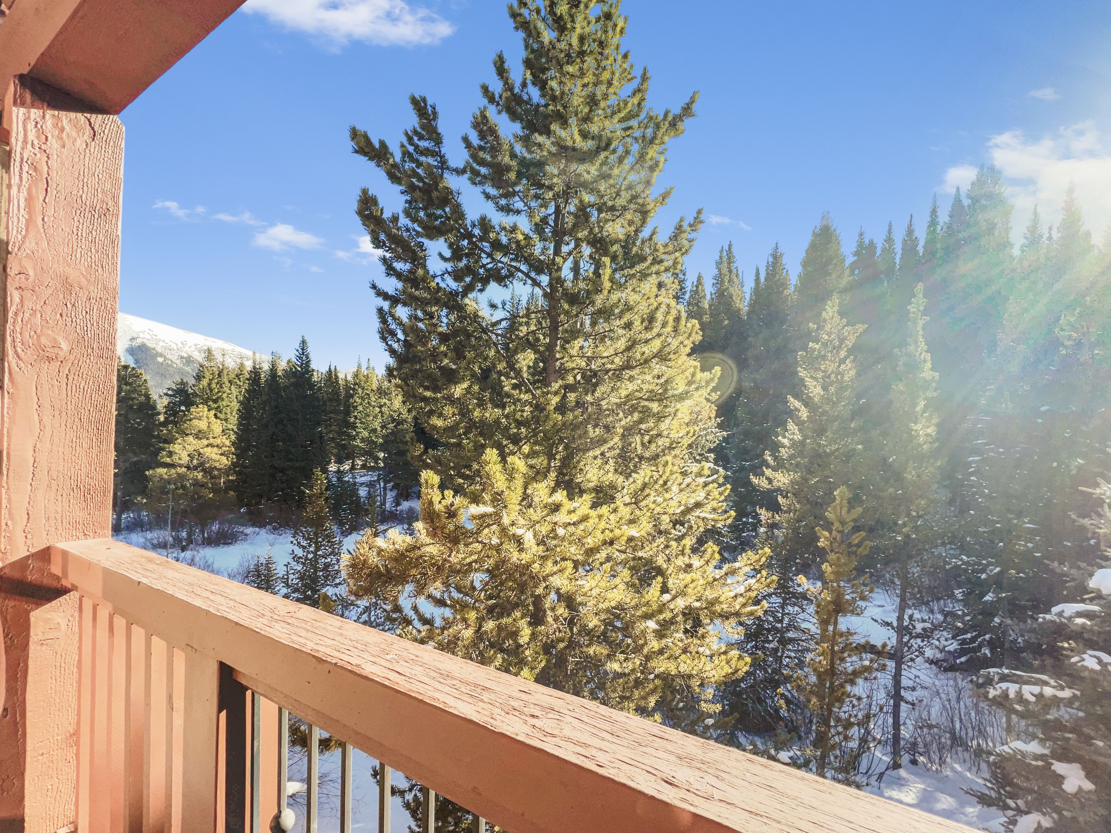 A balcony with a view of snow-covered trees and a mountain in the background.