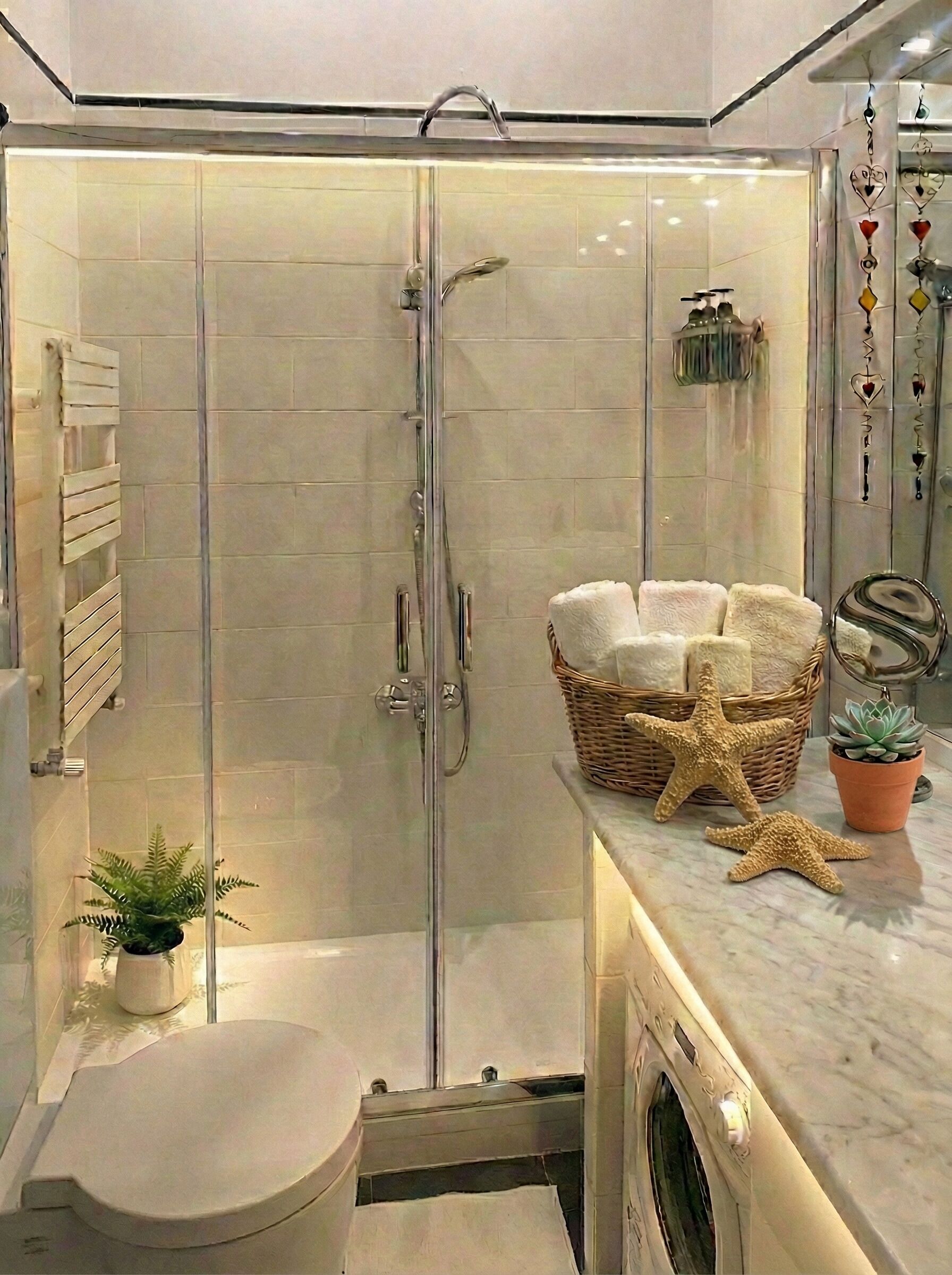 Shower, hair dryer, bidet, towels