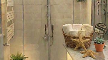 Shower, hair dryer, bidet, towels