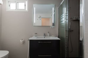 A bathroom with a white sink, a mirror, a glass shower enclosure, and a toilet.