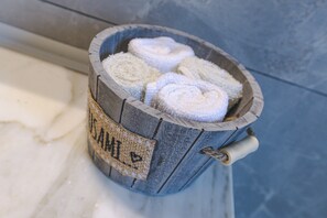 Hair dryer, towels, soap, shampoo