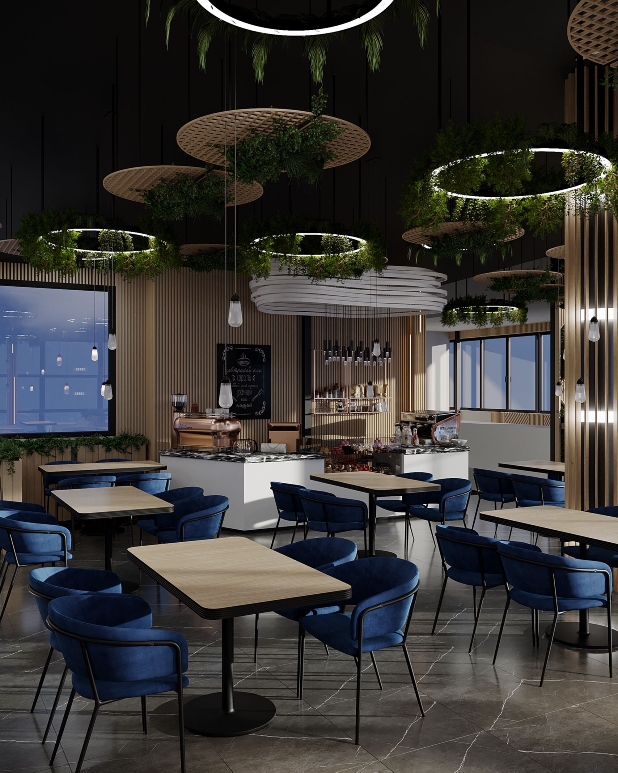 Un interior de restaurante moderno con mesas redondas, sillas azules, macetas colgantes y una zona de bar.