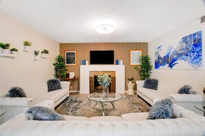 Smart TV, fireplace, books, music library