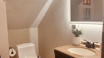 Hair dryer, towels, soap, shampoo