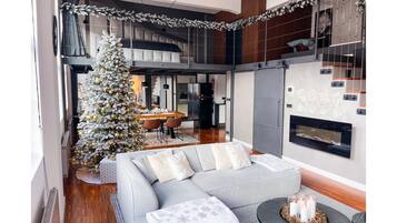 Smart TV, fireplace, books