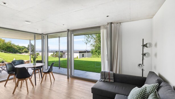 A modern living room with a grey sofa, a dining table with chairs, and a large sliding glass door leading to a garden. - Lovely apartment in Tettnang with WiFi (Tettnang)