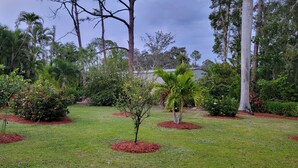 Un jardin avec différents arbres et arbustes, une zone herbeuse et un bâtiment en arrière-plan.