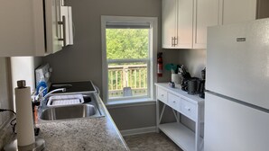A kitchen with a stainless steel sink, a white refrigerator, and a window with a view of greenery outside.