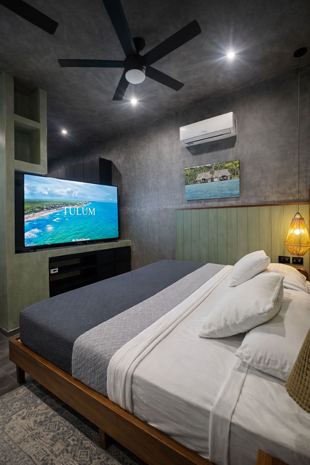 Un dormitorio moderno con una cama, un televisor que muestra una vista panorámica, un ventilador de techo y un equipo de aire acondicionado.