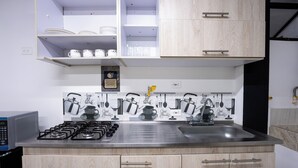 Une cuisine moderne équipée d’une cuisinière à gaz, d’un évier en acier inoxydable et de meubles de rangement en bois.