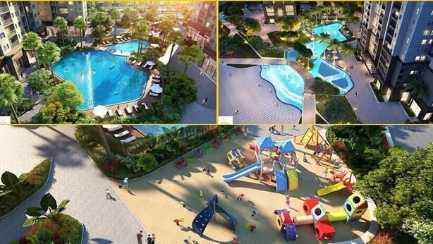A residential complex with a swimming pool, landscaped areas, and a children's play area. - Vinhomes Dcapital Managed by Anstay Residence (Hanoi)