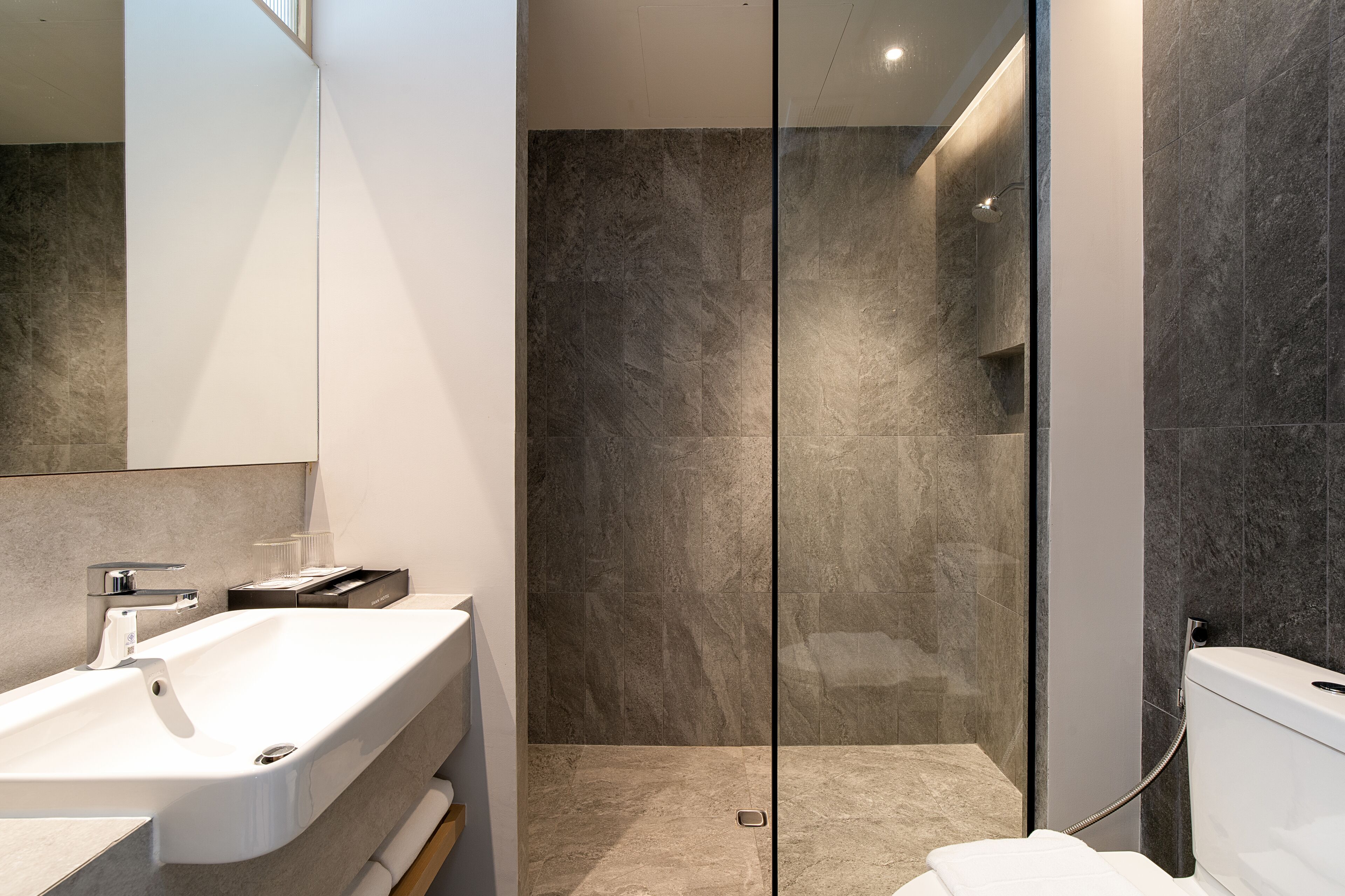 A modern bathroom with a glass-enclosed shower, a white sink, and a toilet.