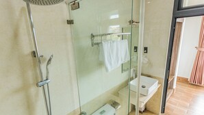 A modern bathroom with a glass-enclosed shower, a white sink, and a toilet.